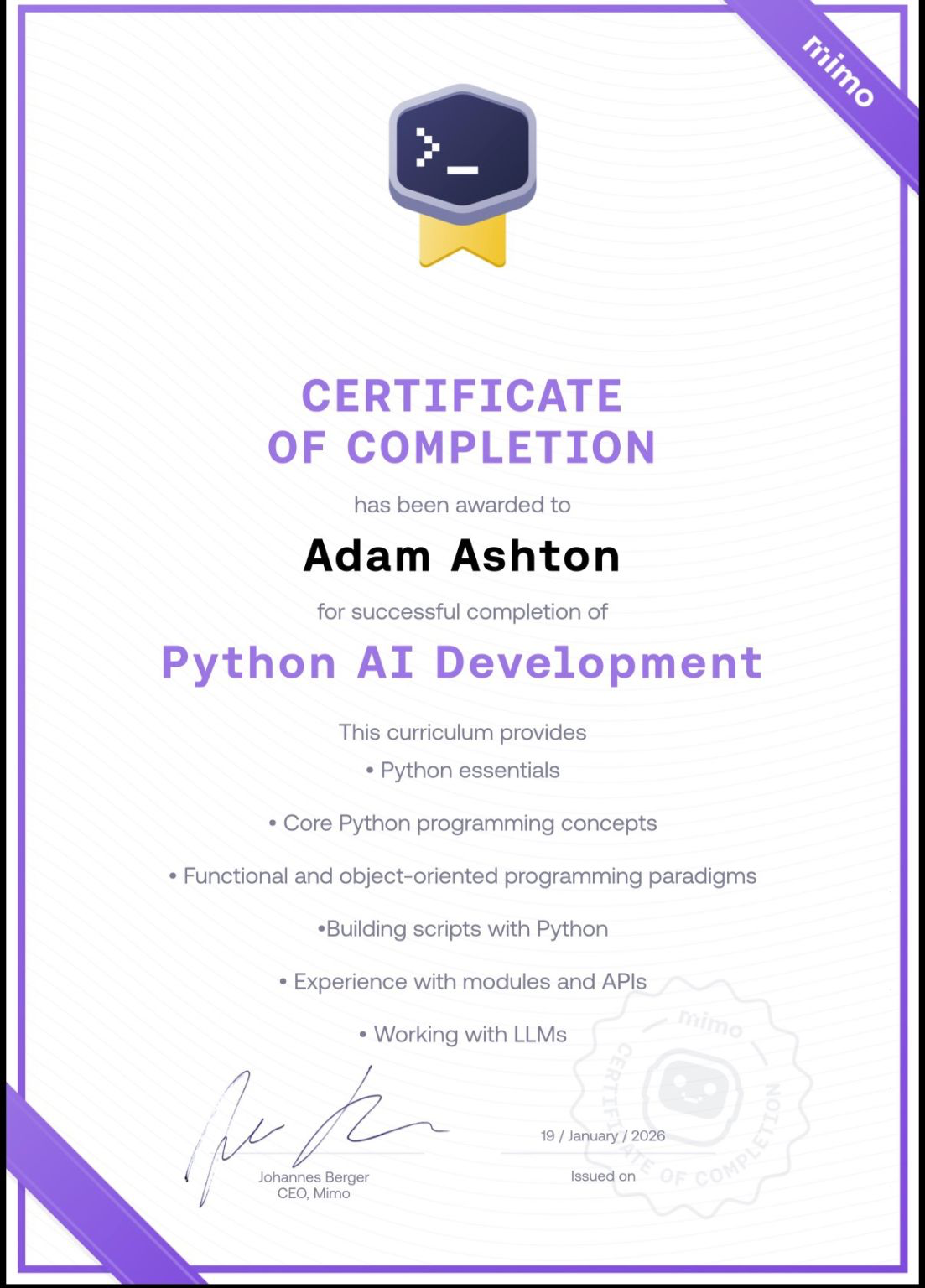 Memo Python AI Dev certificate